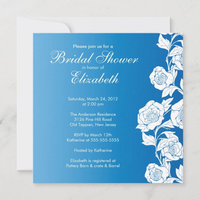 Elegant Floral Bridal Shower Invitation Blue (Front)