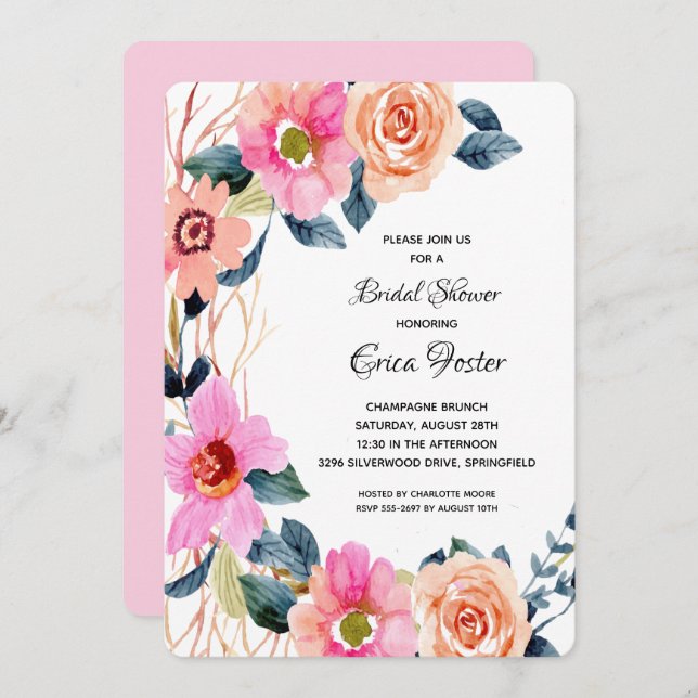Elegant Floral Bridal Shower Invitations (Front/Back)