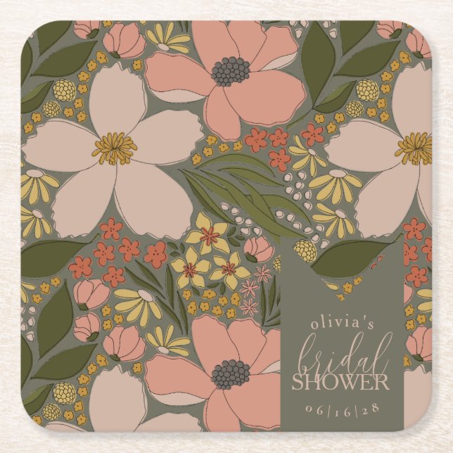 Elegant Floral Bridal Shower Personalised Square Paper Coaster (Front)