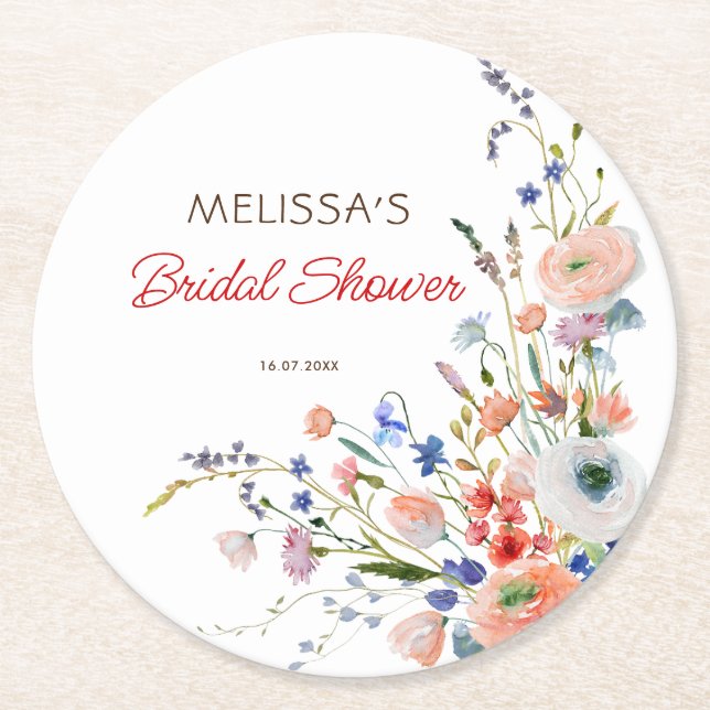 Elegant Floral Bridal Shower Round Paper Coaster (Front)