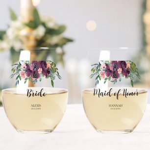 Elegant Floral Bride Maid of Honour Bridal Party Stemless Wine Glass