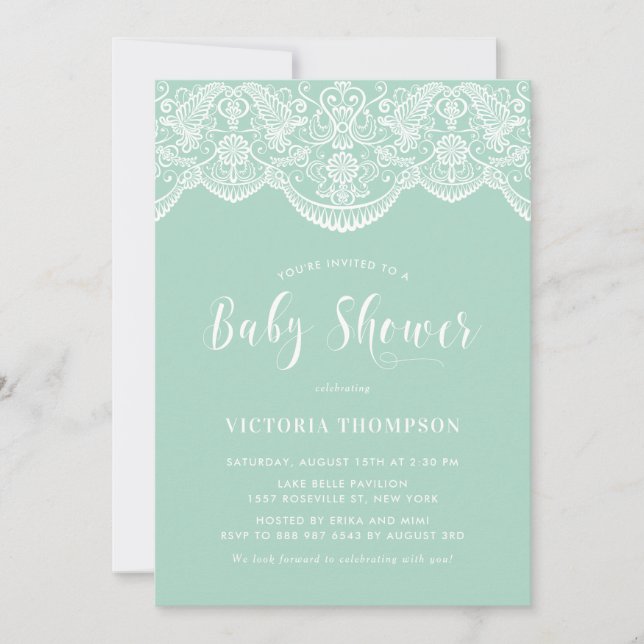 Elegant Floral Brocade Lace Mint Baby Shower Invitation (Front)