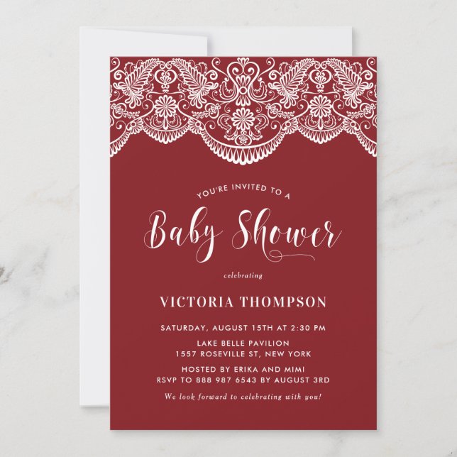 Elegant Floral Brocade Lace Red Baby Shower Invitation (Front)