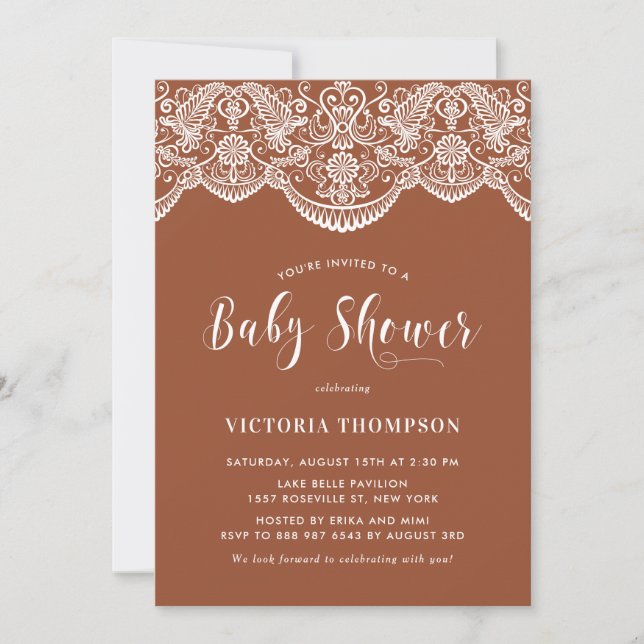 Elegant Floral Brocade Lace Terracotta Baby Shower Invitation (Front)