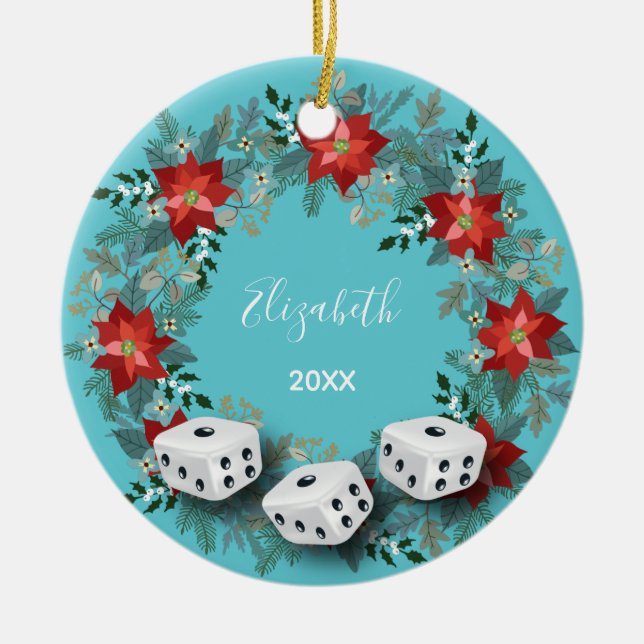 Elegant Floral Bunco Dice Christmas Ceramic Ornament (Front)