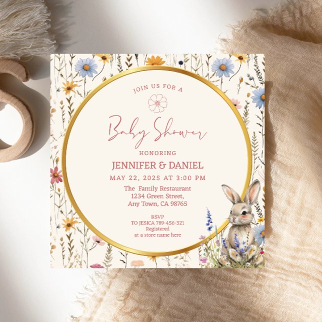 Elegant Floral Bunny Beige Baby Shower Invitation (Creator Uploaded)