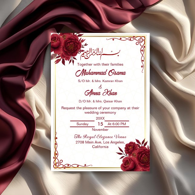 Elegant Floral Burgundy and Gold Islamic Wedding  Invitation (Creator Uploaded)