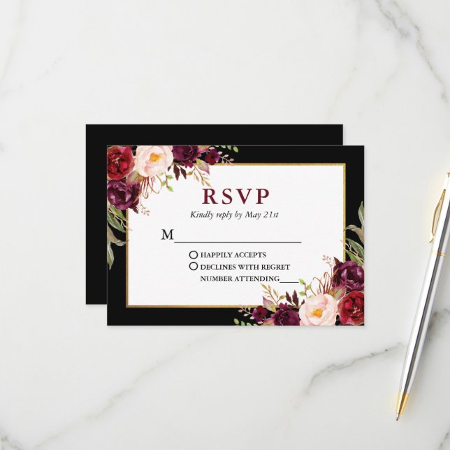 Elegant Floral Burgundy Black Gold Frame Wedding RSVP Card (Front/Back In Situ)