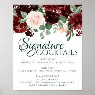 Elegant Floral   Burgundy Blush Navy Couple Drinks Poster