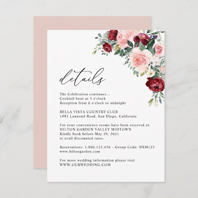 Elegant Floral Burgundy Blush Wedding Details Enclosure Card (Front/Back)