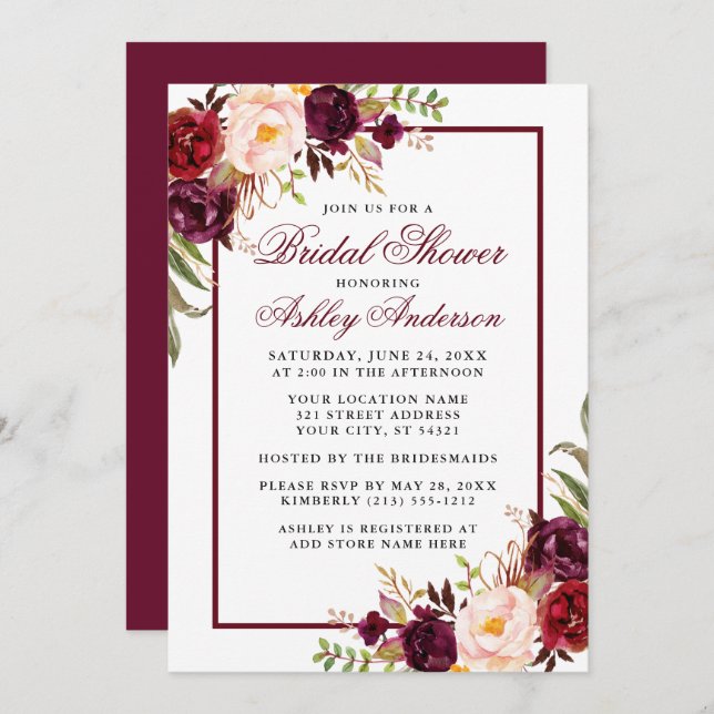 Elegant Floral Burgundy Bridal Shower Invitation (Front/Back)