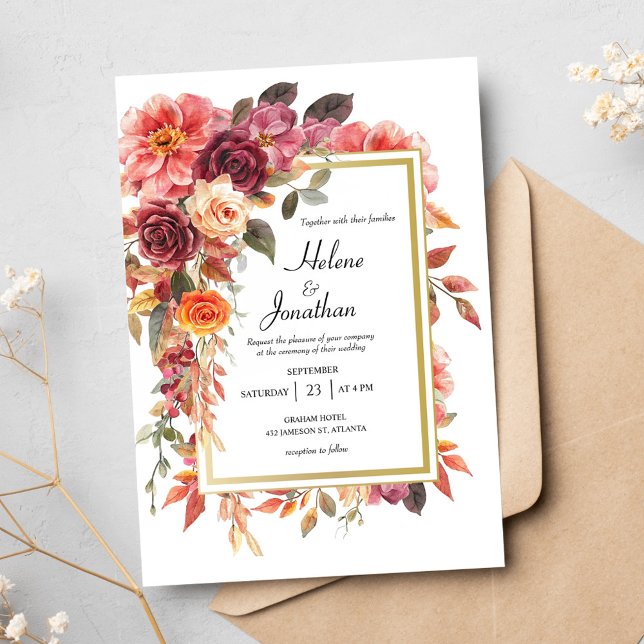 Elegant Floral Burgundy Burnt Orange Fall Wedding Invitation (Elegant Floral Burgundy Burnt Orange Fall Wedding Invitation)