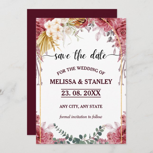 Elegant Floral Burgundy Gold Eucalyptus Wedding Save The Date (Front/Back)