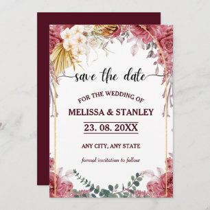 Elegant Floral Burgundy Gold Eucalyptus Wedding Save The Date