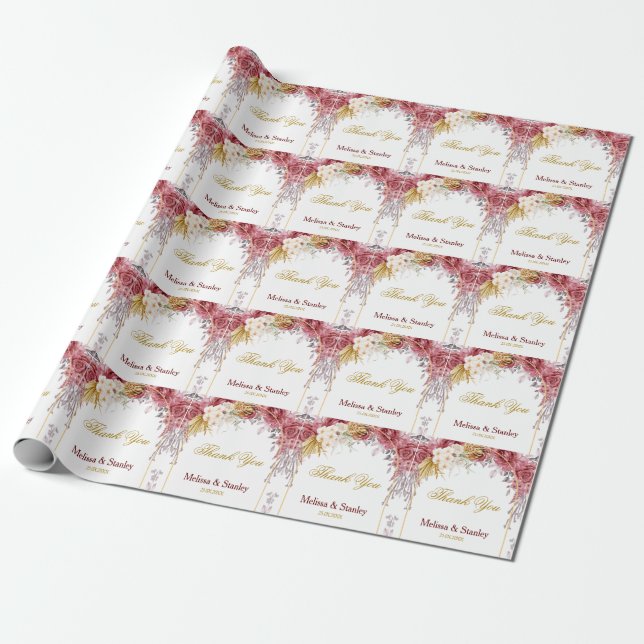 Elegant Floral Burgundy Gold Eucalyptus Wedding Wrapping Paper (Unrolled)