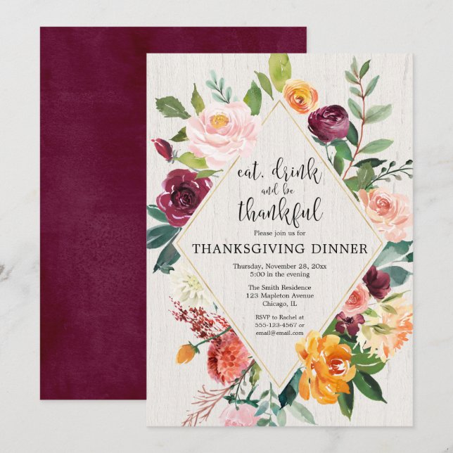 Elegant floral burgundy gold Thanksgiving Dinner Invitation (Front/Back)