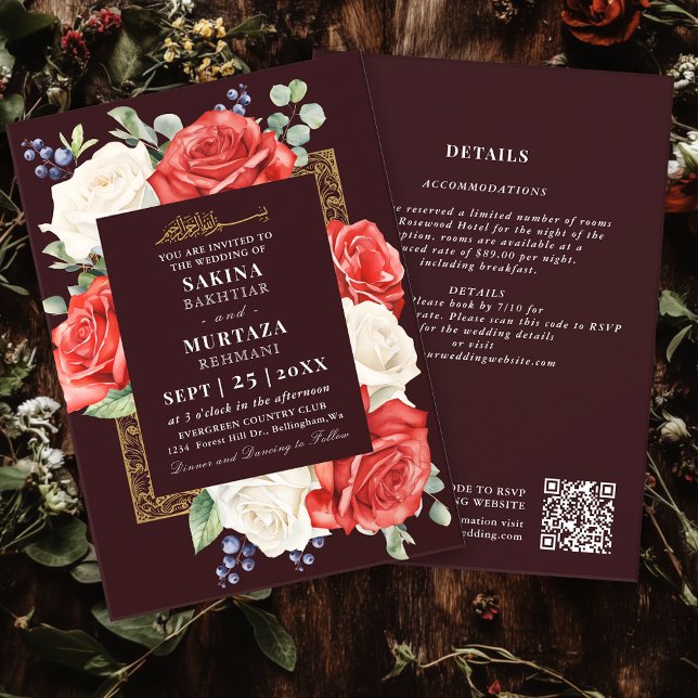 Elegant Floral Burgundy Muslim Wedding QR Code Invitation (Creator Uploaded)