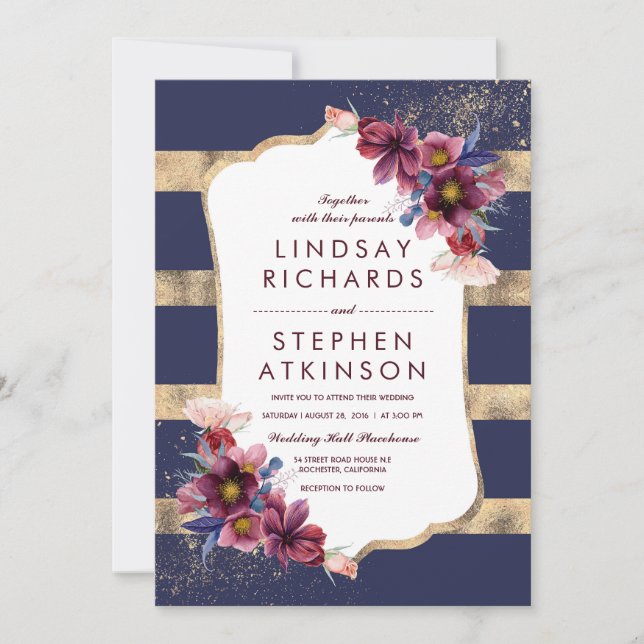 Elegant Floral Burgundy Navy and Gold Wedding Invitation (Front)