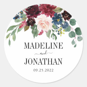 Elegant Floral Burgundy Navy Blue Wedding Classic Round Sticker