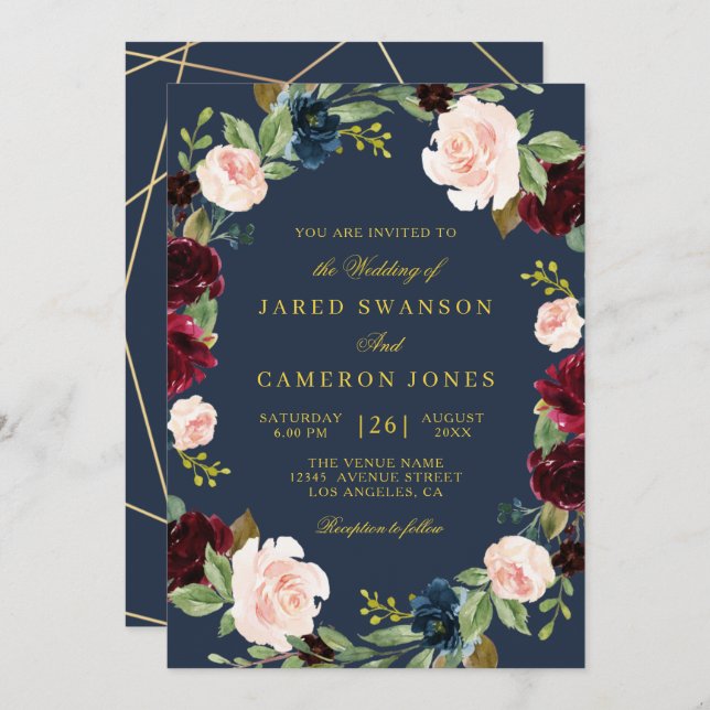 elegant floral burgundy navy wedding invitation (Front/Back)