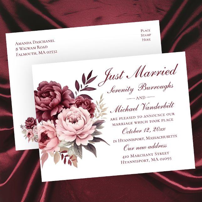 Elegant Floral Burgundy Peony Just Married Wedding Announcement Postcard (Creator Uploaded)