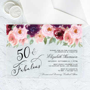 Elegant Floral Burgundy Pink 50th Birthday Party Acrylic Invitations