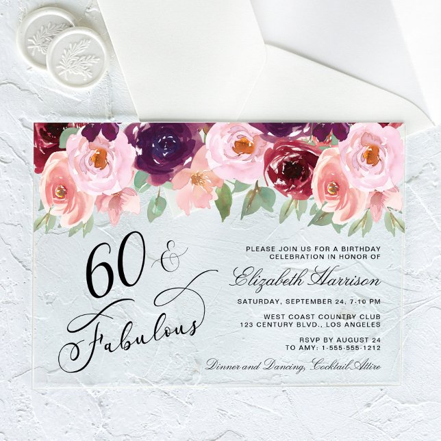 Elegant Floral Burgundy Pink 60th Birthday Party Acrylic Invitations (Creator Uploaded)