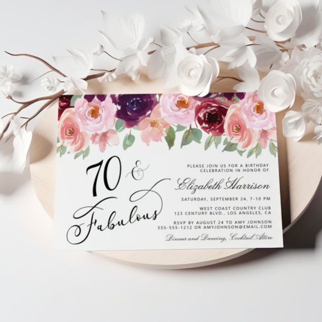 Elegant Floral Burgundy Pink 70th Birthday Party Invitation (Creator Uploaded)
