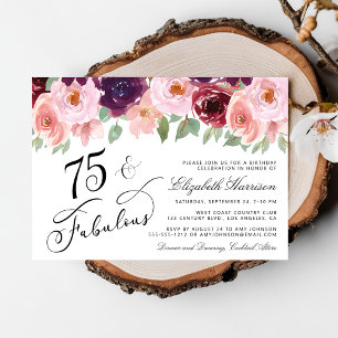 Elegant Floral Burgundy Pink 75th Birthday Party Invitation