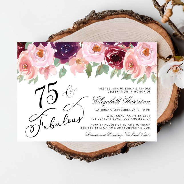 Elegant Floral Burgundy Pink 75th Birthday Party Invitation (Creator Uploaded)