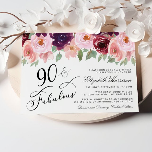 Elegant Floral Burgundy Pink 90th Birthday Party Invitation (Celebrate her 90 years of life with an elegant floral birthday party invitation  🎉 🎂 🥂)