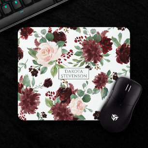 Elegant Floral   Burgundy Red and Pink Monogram Mouse Pad