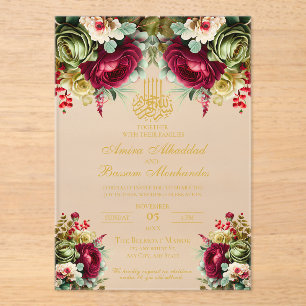 Elegant Floral Burgundy Red Roses Islamic Wedding  Acrylic Invitations