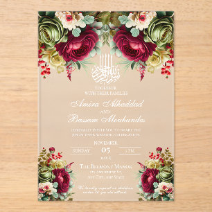 Elegant Floral Burgundy Roses 2 Islamic Wedding  Acrylic Invitations