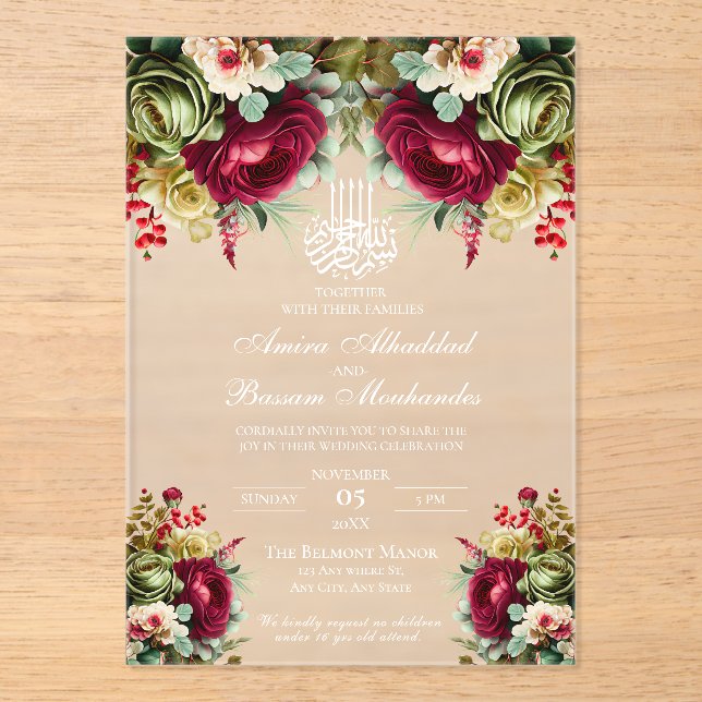 Elegant Floral Burgundy Roses 2 Islamic Wedding  Acrylic Invitations (Front)