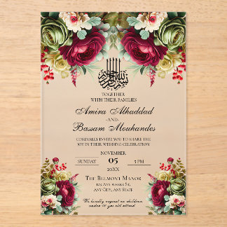 Elegant Floral Burgundy Roses Islamic Wedding  Acrylic Invitations