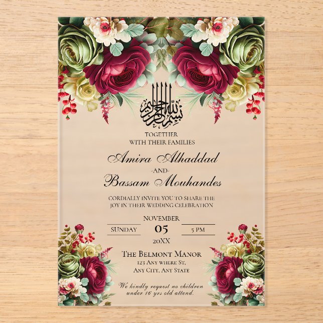Elegant Floral Burgundy Roses Islamic Wedding  Acrylic Invitations (Front)