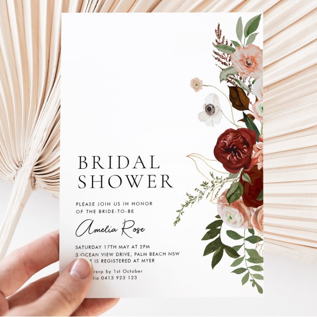Elegant Floral Burgundy Script Bridal Shower  Invitation (Creator Uploaded)