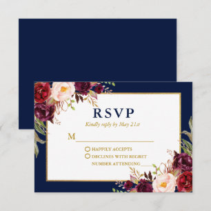 Elegant Floral Burgundy Wedding Blue Gold RSVP Card