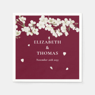 Elegant Floral Burgundy Wedding White Blossom Napkin