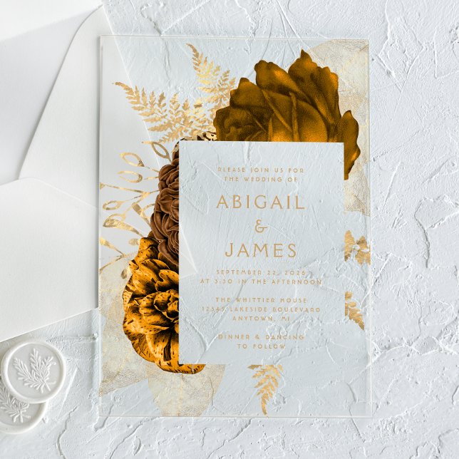 Elegant Floral Burnt Orange Gold Wedding Acrylic Invitations (Creator Uploaded)