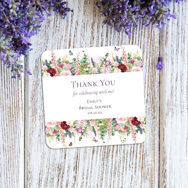 Elegant Floral Butterflies Thank You Bridal Shower Square Sticker (Creator Uploaded)