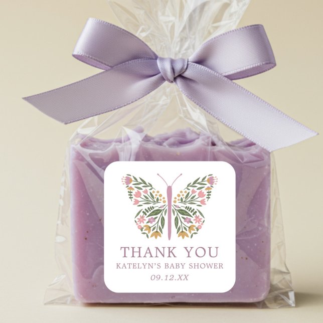 Elegant Floral Butterfly Baby Shower Favour Square Sticker (Creator Uploaded)