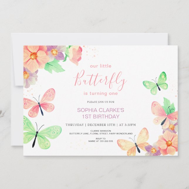 Elegant Floral Butterfly Custom Photo 1st Birthday Invitation (Front)