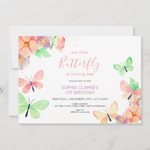Elegant Floral Butterfly Custom Photo 1st Birthday Invitation