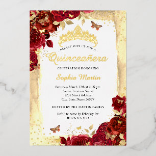 Elegant Floral Butterfly Gold Red Quinceanera