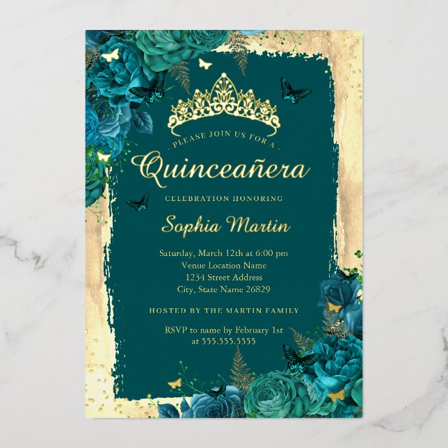 Elegant Floral Butterfly Gold Teal Quinceanera  (Front)