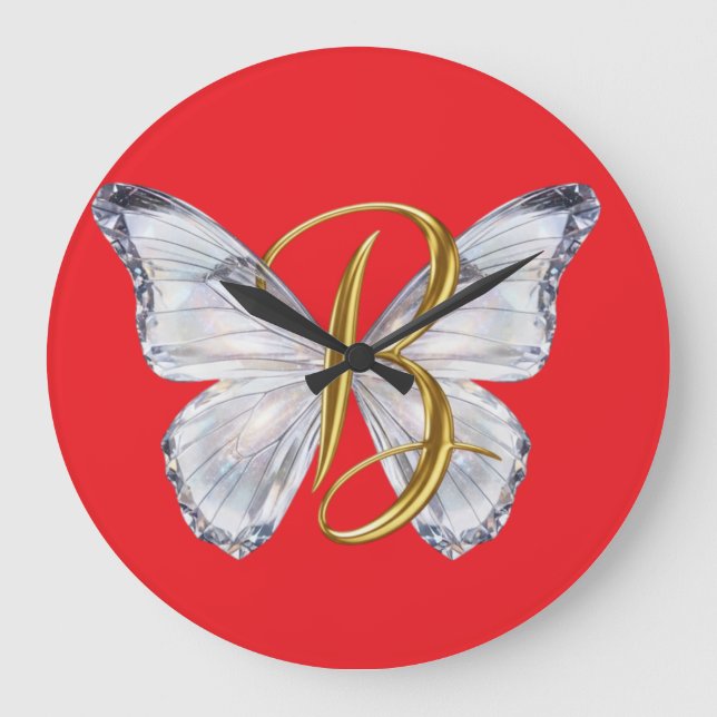 Elegant Floral Butterfly Letter B - Artistic Monog Large Clock (Front)
