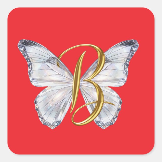 Elegant Floral Butterfly Letter B - Artistic Monog Square Sticker (Front)