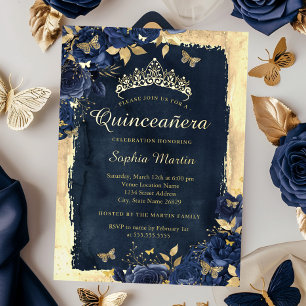 Elegant Floral Butterfly Navy Gold Quinceanera